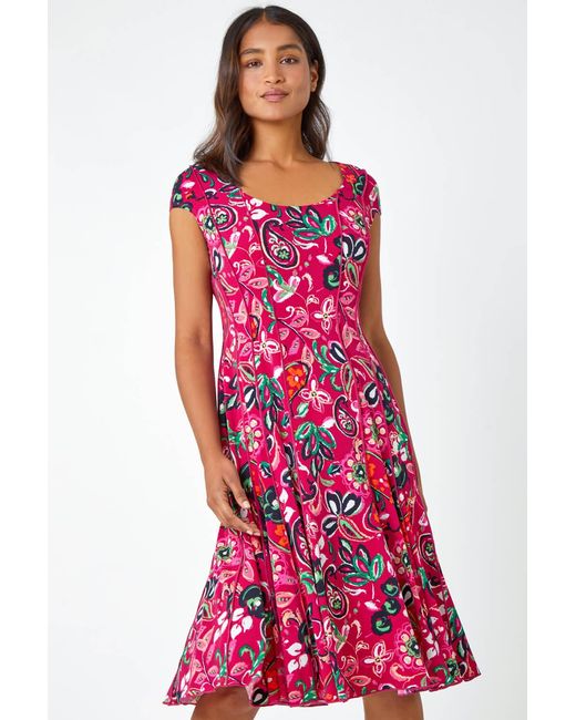 Roman Red Paisley Print Panelled Stretch Dress