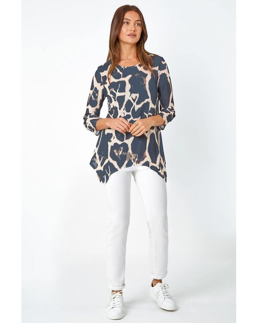 Roman Blue Animal Print Mesh Hanky Hem Top