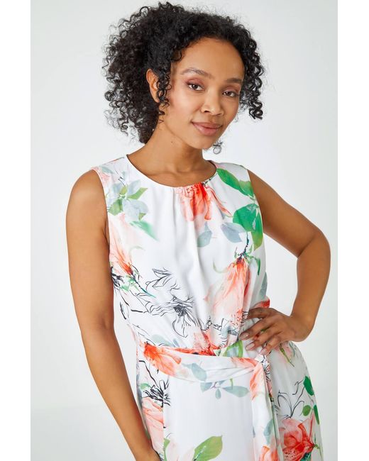 Roman Petite White Floral Sleeveless Chiffon Frill Dress