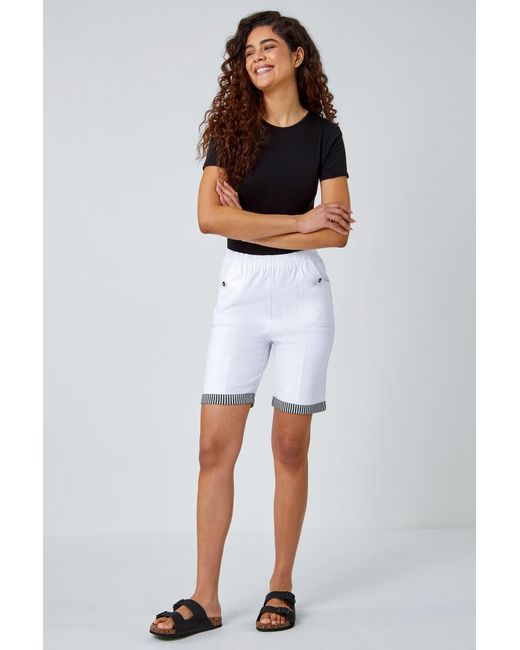 Roman White Contrast Detail Elastic Waist Stretch Shorts