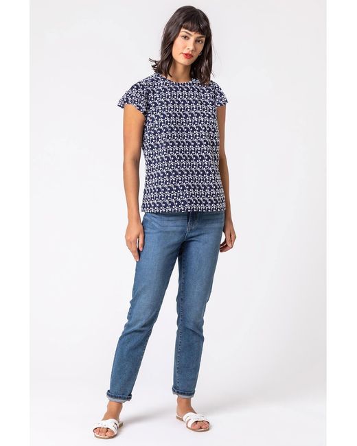 Roman Blue Broderie Spot Frill Sleeve Detail Top