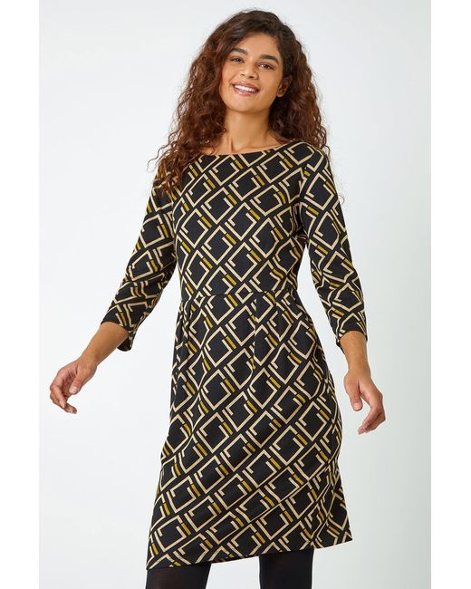Roman Yellow Geometric Print Pocket Shift Dress