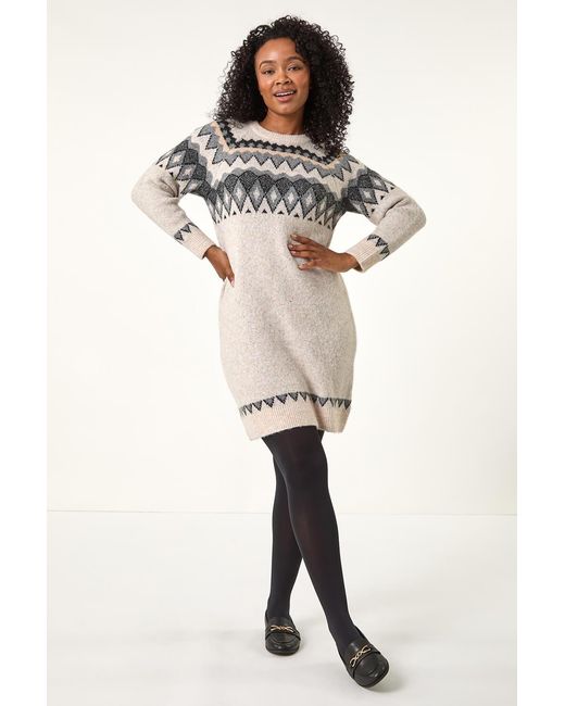 Roman Petite Multicolor Nordic Pattern Knit Jumper Dress