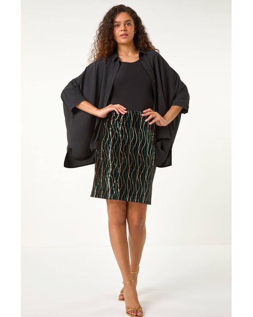 Roman Black Velvet Sequin Detail Pencil Skirt