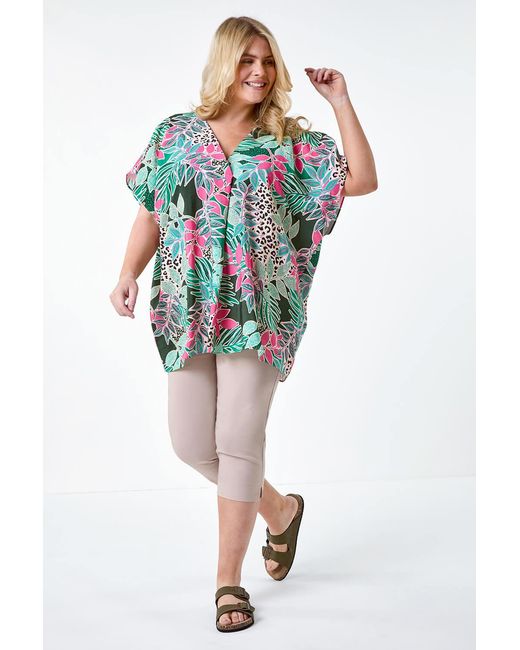 Roman Curve Green Tropical Print Pleat Front Top