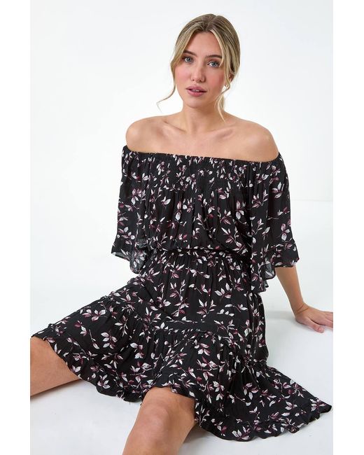D.u.s.k Black Ditsy Floral Bardot Pocket Dress