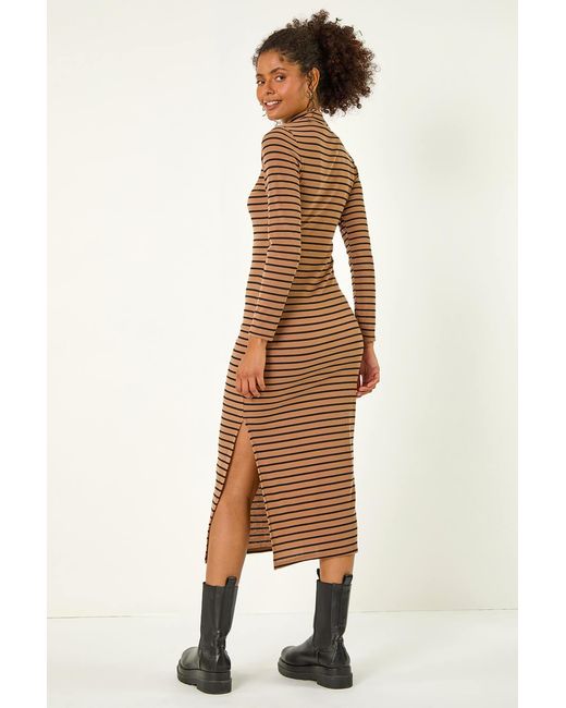 D.u.s.k Multicolor High Neck Stripe Stretch Midi Dress