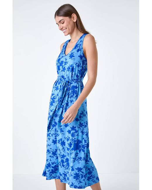 Roman Blue Floral Tie Detail Stretch Midi Dress