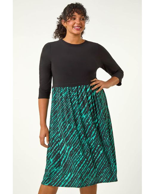 Roman Curve Green Contrast Skirt Stretch Dress