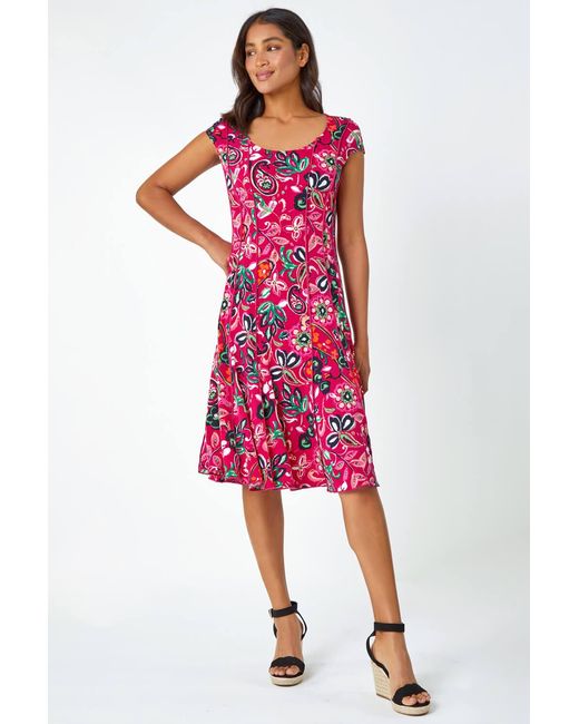 Roman Red Paisley Print Panelled Stretch Dress