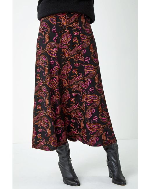 Roman Black Paisley Print Midi Stretch Skirt