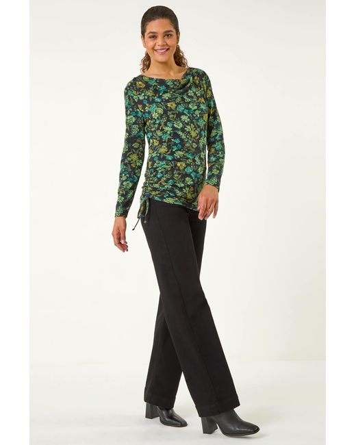 Roman Green Ruched Floral Cowl Neck Top