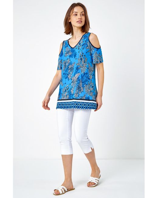 Roman Blue Paisley Border V-Neck Cold Shoulder Top