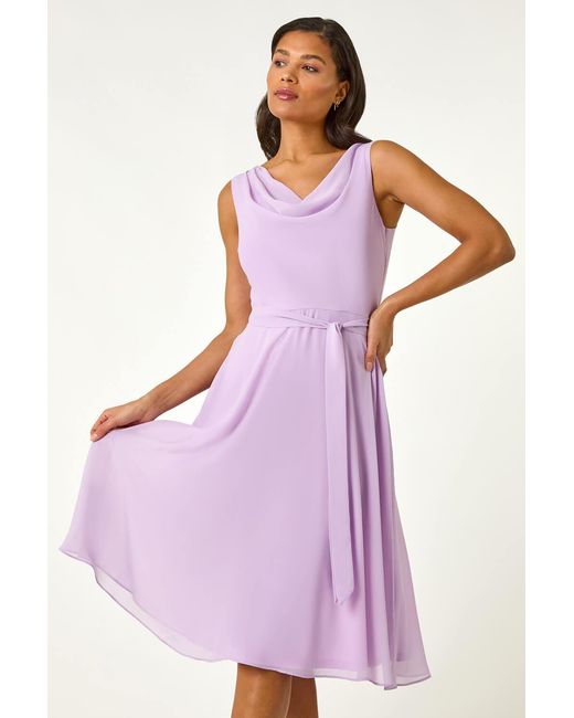 Roman Purple Cowl Neck Tie Waist Dress