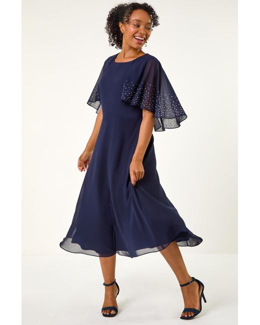 Roman Petite Blue Hotfix Embellished Back Cape Dress