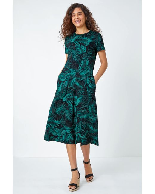 Roman Green Leaf Print Stretch Midi Dress