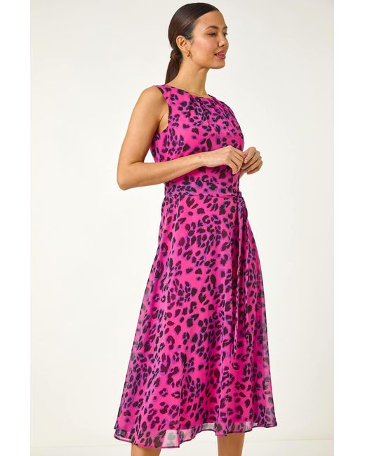 Roman Purple Animal Print Pleated Chiffon Dress