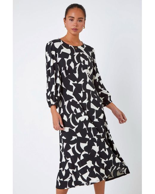 Roman Petite White Geometric Print Midi Stretch Dress