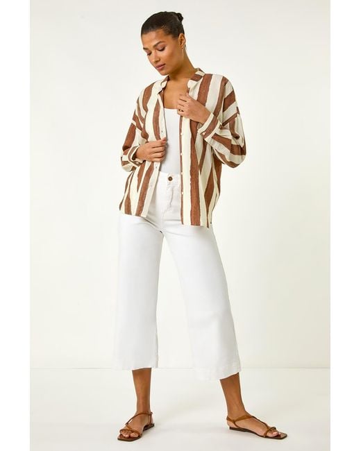 Roman Brown Stripe Print Relaxed Button Shirt