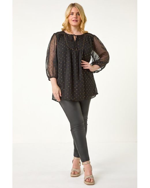 Roman Curve Black Tie Neck Metallic Top