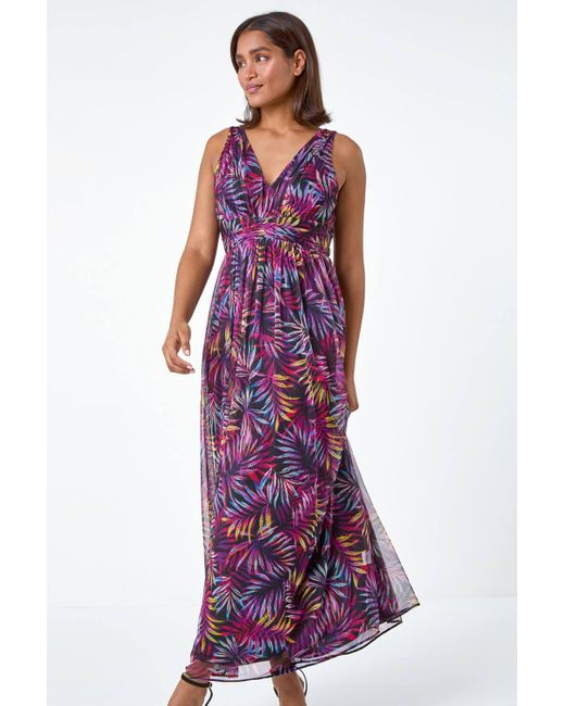 Roman Purple Palm Print Mesh Overlay Maxi Dress