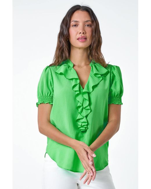 Roman Green Waffle Textured V-Neck Frill Detail Top