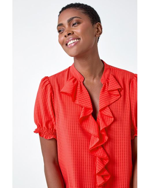 Roman Waffle Textured V-Neck Frill Detail Top