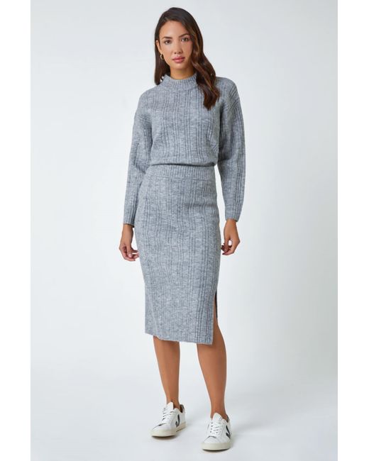 Roman Blue Ribbed Side Split Knit Pencil Skirt