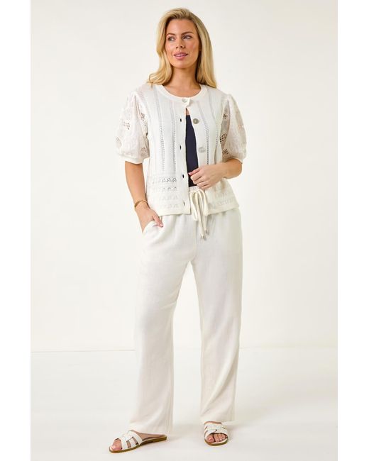 Roman Petite White Embroidered Sleeve Knit Cardigan
