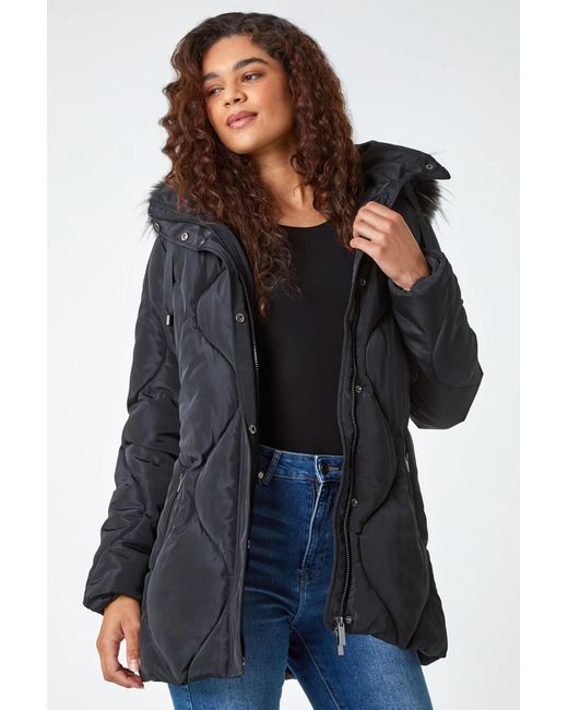 Roman Blue Quilted Faux Fur Hooded Coat