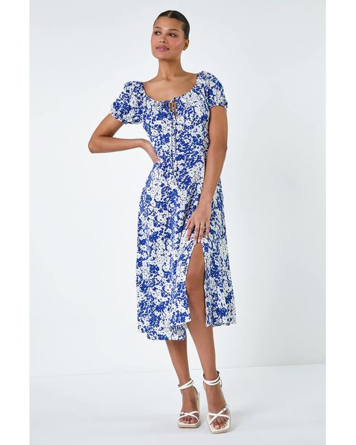 Lilly-and-Hope Blue Floral Tie Detail Midi Dress