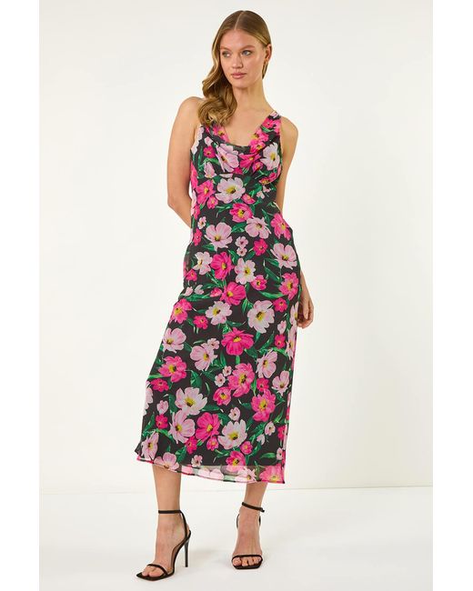 Roman White Floral Print Cowl Neck Midi Dress