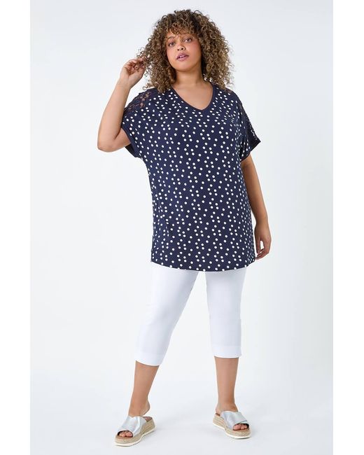 Roman Curve Blue Lace Shoulder Polka Dot Stretch T-Shirt