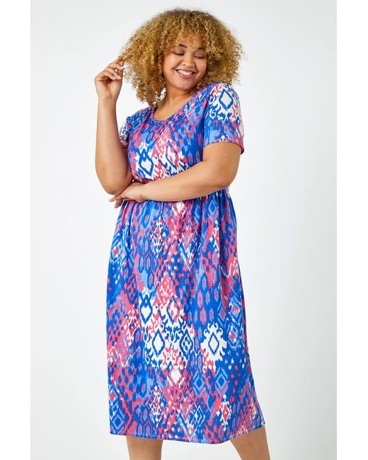 Roman Curve Blue Aztec Print Stretch Midi Dress