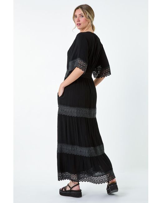 Roman Black Dusk Fashion Tiered Lace Detail Maxi Dress