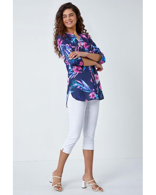 Roman Blue Tropical Print Longline Blouse