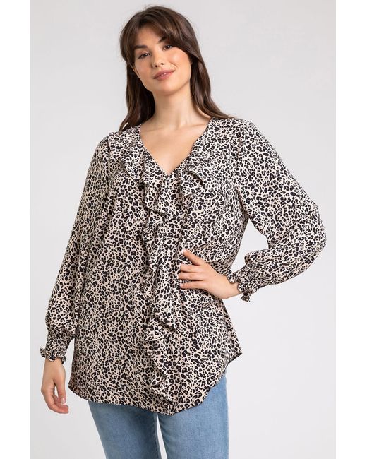 Roman Curve Natural Animal Print Frill Detail Top