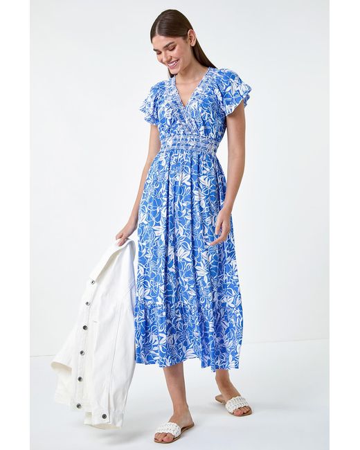 Roman Blue Floral Print Shirred Midi Dress