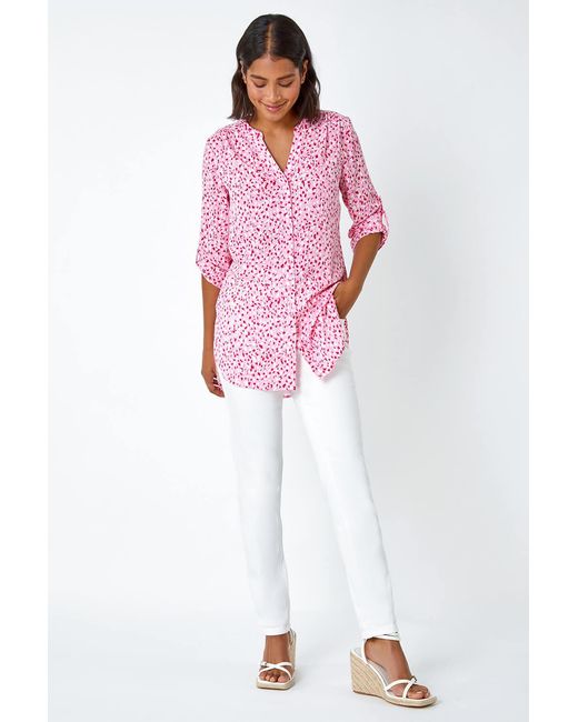 Roman Pink Ditsy Print Button Up V-Neck Blouse