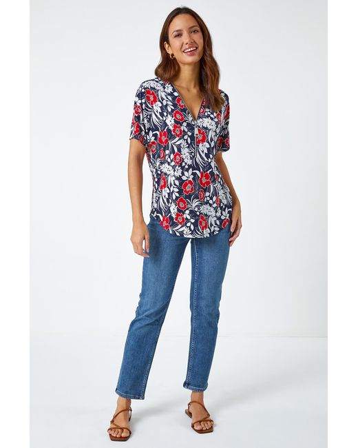 Roman Blue Textured Floral Print Zip Top