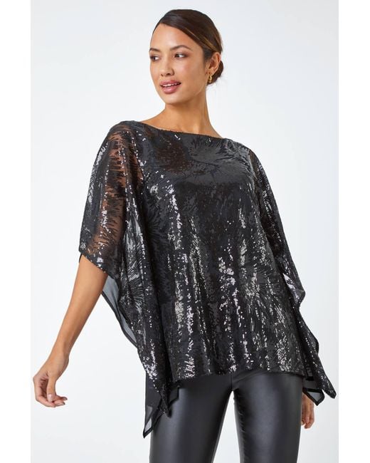 Roman Gray Sequin Overlay Stretch Chiffon Top