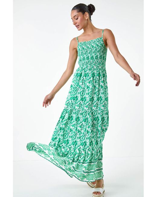 D.u.s.k Green Aztec Border Print Shirred Maxi Dress