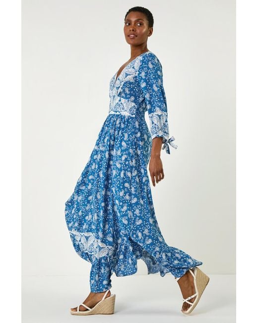 Roman Blue Paisley Print Frill Hem Maxi Dress