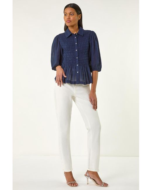 Roman Blue Collar Shirred Button Blouse