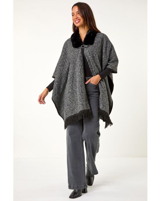 Roman Black Faux Fur Fringe Hem Poncho