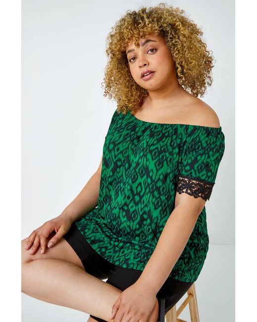 Roman Curve Green Lace Trim Bardot Stretch Top