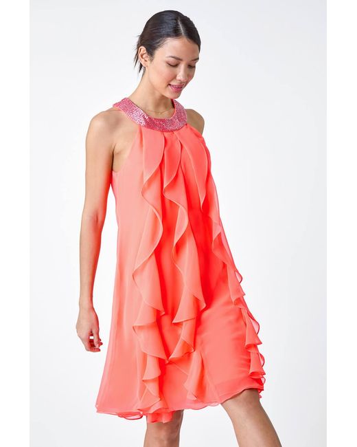Roman Red Embellished Collar Frilled Chiffon Dress