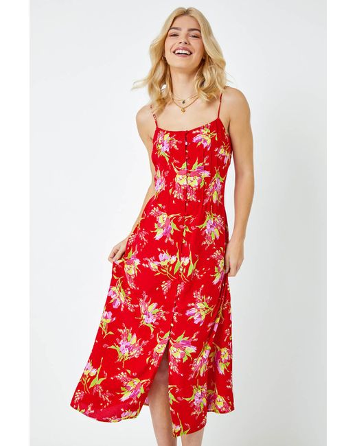 Roman Red Dusk Fashion Strappy Floral Square Neck Midi Dress