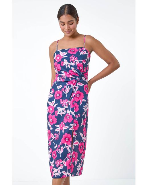 Roman Purple Floral Linen Look Ruched Midi Dress
