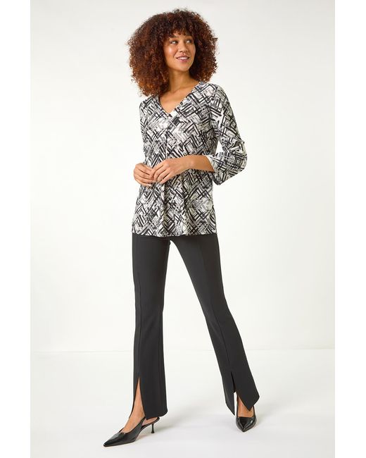 Roman White Geometric Print Pleat Front Top